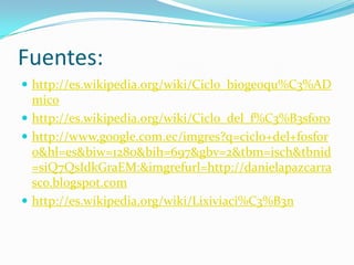 Fuentes:
 http://es.wikipedia.org/wiki/Ciclo_biogeoqu%C3%AD
  mico
 http://es.wikipedia.org/wiki/Ciclo_del_f%C3%B3sforo
 http://www.google.com.ec/imgres?q=ciclo+del+fosfor
  o&hl=es&biw=1280&bih=697&gbv=2&tbm=isch&tbnid
  =siQ7QsIdkGraEM:&imgrefurl=http://danielapazcarra
  sco.blogspot.com
 http://es.wikipedia.org/wiki/Lixiviaci%C3%B3n
 