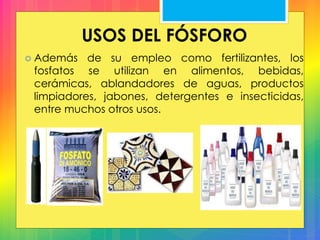 USOS DEL FÓSFORO
 Además de su empleo como fertilizantes, los
fosfatos se utilizan en alimentos, bebidas,
cerámicas, ablandadores de aguas, productos
limpiadores, jabones, detergentes e insecticidas,
entre muchos otros usos.
 
