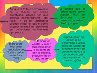 Aunque el fosfato normalmente
no se reduce por acción
microbiana, parece ser que
algunos microorganismos del
suelo y de los sedimentos
pueden utilizar el fosfato como
aceptor terminal de electrones
en condiciones ambientales
apropiadas.
Es posible que el
fosfato actúe como
aceptor final de
electrones en
ausencia de sulfato,
nitrato y oxígeno.
El producto
final de la
reducción de
fosfato serían
las fosfinas
(PH3)
Las fosfinas son
volátiles y arden
espontáneamen
te en contacto
con el oxígeno,
produciendo un
brillo verde.
La producción de
fosfinas se ha
observado a veces
cerca de lugares de
enterramiento y de
pantanos, donde se
produce una gran
descomposición de
materia orgánica.
 