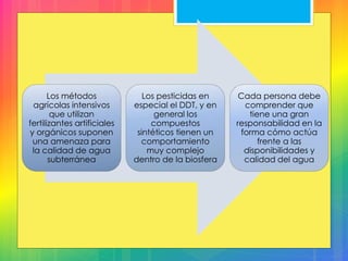 Los métodos
agrícolas intensivos
que utilizan
fertilizantes artificiales
y orgánicos suponen
una amenaza para
la calidad de agua
subterránea
Los pesticidas en
especial el DDT, y en
general los
compuestos
sintéticos tienen un
comportamiento
muy complejo
dentro de la biosfera
Cada persona debe
comprender que
tiene una gran
responsabilidad en la
forma cómo actúa
frente a las
disponibilidades y
calidad del agua
 