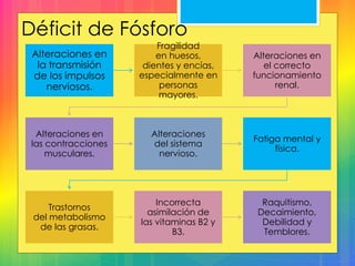 Déficit de Fósforo
Alteraciones en
la transmisión
de los impulsos
nerviosos.
Fragilidad
en huesos,
dientes y encías,
especialmente en
personas
mayores.
Alteraciones en
el correcto
funcionamiento
renal.
Alteraciones en
las contracciones
musculares.
Alteraciones
del sistema
nervioso.
Fatiga mental y
física.
Trastornos
del metabolismo
de las grasas.
Incorrecta
asimilación de
las vitaminas B2 y
B3.
Raquitismo,
Decaimiento,
Debilidad y
Temblores.
 