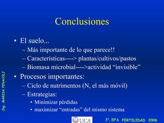 Conclusiones El suelo... Más importante de lo que parece!! Características----> plantas/cultivos/pastos Biomasa microbial---->actividad “invisible” Procesos importantes: Ciclo de nutrimentos (N, el más móvil) Estrategias: Minimizar pérdidas maximizar “entradas” del mismo sistema 