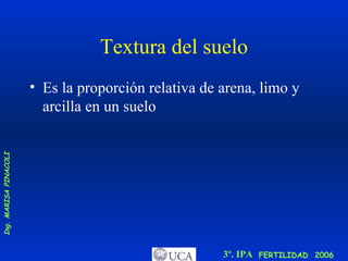 Textura del suelo Es la proporción relativa de arena, limo y arcilla en un suelo 