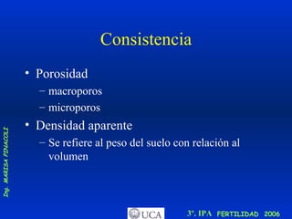 Consistencia Porosidad macroporos microporos Densidad aparente Se refiere al peso del suelo con relación al volumen 