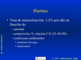 Humus Tasa de mineralización: 1-5% por año en función de: cantidad composición: N, relación C:N (25-30 OK) condiciones ambientales suministro de agua temperatura 