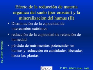 Efecto de la reducción de materia orgánica del suelo (por erosión) y la mineralización del humus (II) Disminución de la capacidad de intercambio catiónico reducción de la capacidad de retención de humedad pérdida de nutrimentos potenciales en humus y reducción en cantidades liberadas hacia las plantas 