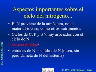 Aspectos importantes sobre el ciclo del nitrógeno... El N proviene de la atmósfera, no de material rocoso, como otros nutrimentos Ciclos de C, P y S >muy asociados con el ciclo de N Sustentabilidad : entradas de N = salidas de N (o sea, sin pérdida neta de N del sistema) 