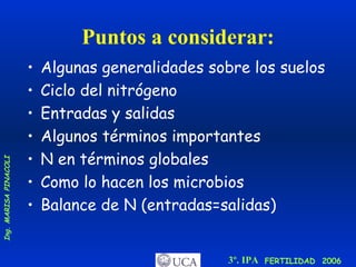 Puntos a considerar: Algunas generalidades sobre los suelos Ciclo del nitrógeno Entradas y salidas Algunos términos importantes N en términos globales Como lo hacen los microbios Balance de N (entradas=salidas) 