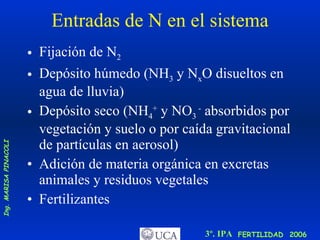 Entradas de N en el sistema Fijación de N 2   Depósito húmedo (NH 3  y N x O disueltos en agua de lluvia) Depósito seco (NH 4 +  y NO 3  -  absorbidos por vegetación y suelo o por caída gravitacional de partículas en aerosol) Adición de materia orgánica en excretas animales y residuos vegetales Fertilizantes 