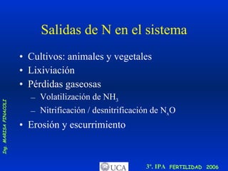 Salidas de N en el sistema Cultivos: animales y vegetales Lixiviación Pérdidas gaseosas Volatilización de NH 3   Nitrificación / desnitrificación de N x O Erosión y escurrimiento 