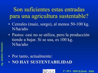 Son suficientes estas entradas para una agricultura sustentable? Cereales (maíz, sorgo), al menos 50-100 kg. N/ha/año Pastos: casi no se utiliza, pero la producción tiende a bajar. Si se usa, es 100 kg. N/ha/año Por tanto, actualmente: NO HAY SUSTENTABILIDAD 