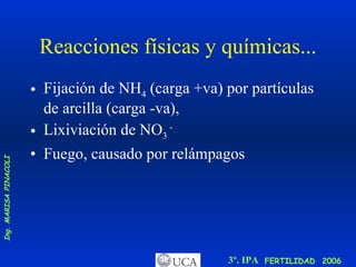 Reacciones físicas y químicas... Fijación de NH 4  (carga +va) por partículas de arcilla (carga -va), Lixiviación de NO 3  -   Fuego, causado por relámpagos 