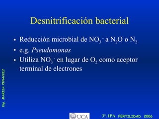 Desnitrificación bacterial Reducción microbial de NO 3  -  a N 2 O   o N 2   e.g.  Pseudomonas Utiliza NO 3  -  en lugar de O 2  como aceptor terminal de electrones 