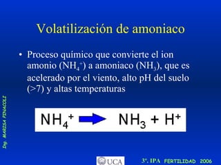 Volatilización de amoniaco Proceso químico que convierte el ion amonio (NH 4 + ) a amoniaco (NH 3 ), que es acelerado por el viento, alto pH del suelo (>7) y altas temperaturas  