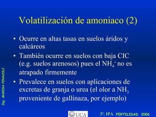 Volatilización de amoniaco (2) Ocurre en altas tasas en suelos áridos y  calcáreos  También ocurre en suelos con baja CIC (e.g. suelos arenosos) pues el NH 4 +  no es atrapado firmemente Prevalece en suelos con aplicaciones de excretas de granja o urea (el olor a NH 3  proveniente de gallinaza, por ejemplo)  