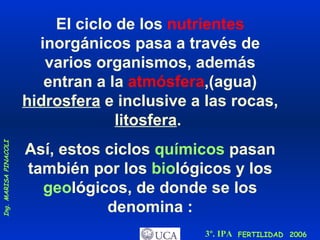 El ciclo de los  nutrientes  inorgánicos pasa a través de varios organismos, además entran a la  atmósfera ,(agua)  hidrosfera   e inclusive a las rocas ,  litosfera .  Así, estos ciclos  químicos  pasan también por los  bio lógicos y los  geo lógicos,  de donde  se los denomina : 