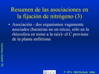 Resumen de las asociaciones en la fijación de nitrógeno (3) Asociación - dos organismos vagamente asociados (bacterias no en raíces, sólo en la rhizosfera en torno a la raíz)- el C proviene de la planta anfitriona  