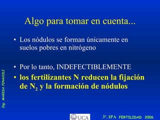 Algo para tomar en cuenta... Los nódulos se forman únicamente en suelos pobres en nitrógeno  Por lo tanto, INDEFECTIBLEMENTE los fertilizantes N reducen la fijación de N 2  y la formación de nódulos 