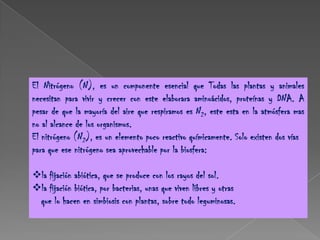 El Nitrógeno (N), es un componente esencial que Todas las plantas y animales necesitan para vivir y crecer con este elaborara aminoácidos, proteínas y DNA. A pesar de que la mayoría del aire que respiramos es N2, este esta en la atmósfera mas no al alcance de los organismos.El nitrógeno (N2), es un elemento poco reactivo químicamente. Solo existen dos vías para que ese nitrógeno sea aprovechable por la biosfera:  la fijación abiótica, que se produce con los rayos del sol.