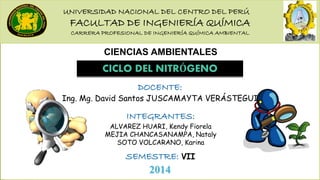 UNIVERSIDAD NACIONAL DEL CENTRO DEL PERÚ
FACULTAD DE INGENIERÍA QUÍMICA
CARRERA PROFESIONAL DE INGENIERÍA QUÍMICA AMBIENTAL
CICLO DEL NITRÓGENO
CIENCIAS AMBIENTALES
2014
DOCENTE:
Ing. Mg. David Santos JUSCAMAYTA VERÁSTEGUI
SEMESTRE: VII
INTEGRANTES:
ALVAREZ HUARI, Kendy Fiorela
MEJIA CHANCASANAMPA, Nataly
SOTO VOLCARANO, Karina
 