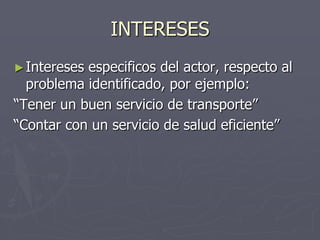 INTERESES
► Interesesespecificos del actor, respecto al
  problema identificado, por ejemplo:
“Tener un buen servicio de transporte”
“Contar con un servicio de salud eficiente”
 