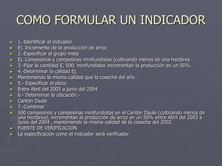 COMO FORMULAR UN INDICADOR
► 1.-Identificar el indicador
► Ej. Incremento de la producción de arroz
► 2.-Especificar el grupo meta
► Ej. Campesinos y campesinas minifundistas (cultivando menos de una hectárea.
► 3.-Fijar la cantidad E, 500. minifundistas incrementan la producción en un 50%.
► 4.-Determinar la calidad Ej.
► Manteniendo la misma calidad que la cosecha del año…
► 5.- Especificar el plazo
► Entre Abril del 2003 a junio del 2004
► 6.- Determinar la ubicación.-
► Cantón Daule
► 7.-Combinar
► 500 campesinos y campesinas minifundistas en el Cantón Daule (cultivando menos de
  una hectárea), incrementan la producción de arroz en un 50% entre Abril del 2003 a
  Junio del 2004 , manteniendo la misma calidad de la cosecha del 2002.
► FUENTE DE VERIFICACION
► La especificación como el indicador será verificador
 