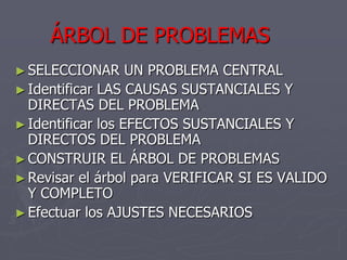 ÁRBOL DE PROBLEMAS
► SELECCIONAR      UN PROBLEMA CENTRAL
► Identificar LAS CAUSAS SUSTANCIALES Y
  DIRECTAS DEL PROBLEMA
► Identificar los EFECTOS SUSTANCIALES Y
  DIRECTOS DEL PROBLEMA
► CONSTRUIR EL ÁRBOL DE PROBLEMAS
► Revisar el árbol para VERIFICAR SI ES VALIDO
  Y COMPLETO
► Efectuar los AJUSTES NECESARIOS
 