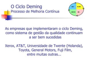 O Ciclo Deming Processo de Melhoria Contínua As empresas que implementaram o ciclo Deming, como sistema de gestão da qualidade continuam a ser bem sucedidas  Xerox, AT&T, Universidade de Twente (Holanda), Toyota, General Motors, Fuji Film,  entre muitas outras... 