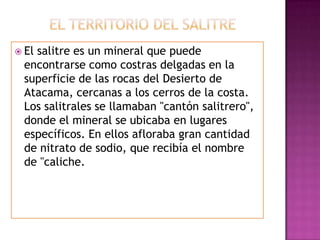  El salitre es un mineral que puede
encontrarse como costras delgadas en la
superficie de las rocas del Desierto de
Atacama, cercanas a los cerros de la costa.
Los salitrales se llamaban "cantón salitrero",
donde el mineral se ubicaba en lugares
específicos. En ellos afloraba gran cantidad
de nitrato de sodio, que recibía el nombre
de "caliche.
 