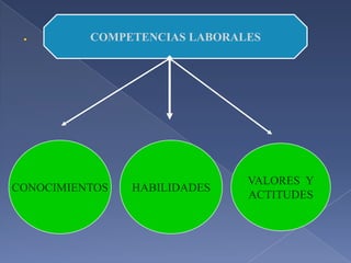 COMPETENCIAS LABORALES

CONOCIMIENTOS

HABILIDADES

VALORES Y
ACTITUDES

 