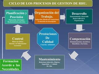 CICLO DE LOS PROCESOS DE GESTION DE RHU.
Planificación y
Provisión

Organización del
Trabajo.

Planeación estrategica
Reckutamiento,selección.

Inducción, Diseño de ocupaciones
Evaluación de desempeño.

Control
Banco de Datos
Sistema de Información
Gerencial.

Formacion
Acorde a las
Necesidades.

Prestaciones
De
Calidad
Usuarios satisfechos

Mantenimiento
Relaciones laborales, Higiene,
Seguridad y Calidad
De vida.

Desarrollo
Entrenamiento, desarrollo
Desarrrollo de la
Organización.

Compensación
Remuneraciones, incentivos
Beneficios y Servicios.

 