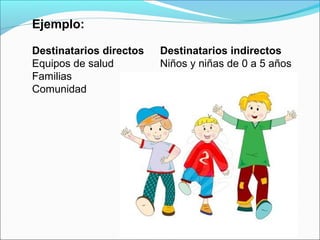 Ejemplo:
Destinatarios directos Destinatarios indirectos
Equipos de salud Niños y niñas de 0 a 5 años
Familias
Comunidad
 