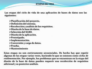 ETAPAS DE VIDALas etapas del ciclo de vida de una aplicación de bases de datos son las siguientes: Planificación del proyecto.