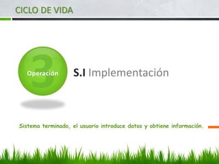 S.I Implementación
Sistema terminado, el usuario introduce datos y obtiene información.
CICLO DE VIDA
Operación
 