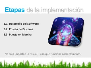 3.1. Desarrollo del Software
3.2. Prueba del Sistema
3.3. Puesta en Marcha
Etapas de la implementación
No solo importan lo visual, sino que funcione correctamente.
 