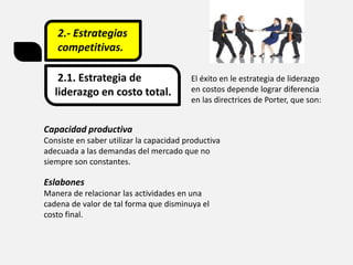 2.- Estrategias
competitivas.
2.1. Estrategia de
liderazgo en costo total.
El éxito en le estrategia de liderazgo
en costos depende lograr diferencia
en las directrices de Porter, que son:
Capacidad productiva
Consiste en saber utilizar la capacidad productiva
adecuada a las demandas del mercado que no
siempre son constantes.
Eslabones
Manera de relacionar las actividades en una
cadena de valor de tal forma que disminuya el
costo final.
 