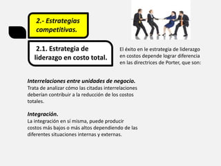 2.- Estrategias
competitivas.
2.1. Estrategia de
liderazgo en costo total.
El éxito en le estrategia de liderazgo
en costos depende lograr diferencia
en las directrices de Porter, que son:
Interrelaciones entre unidades de negocio.
Trata de analizar cómo las citadas interrelaciones
deberían contribuir a la reducción de los costos
totales.
Integración.
La integración en sí misma, puede producir
costos más bajos o más altos dependiendo de las
diferentes situaciones internas y externas.
 
