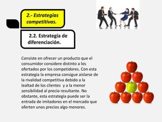 2.- Estrategias
competitivas.
2.2. Estrategia de
diferenciación.
Consiste en ofrecer un producto que el
consumidor considere distinto a los
ofertados por los competidores. Con esta
estrategia la empresa consigue aislarse de
la rivalidad competitiva debido a la
lealtad de los clientes y a la menor
sensibilidad al precio resultante. No
obstante, esta estrategia puede ser la
entrada de imitadores en el mercado que
oferten unos precios algo menores.
 