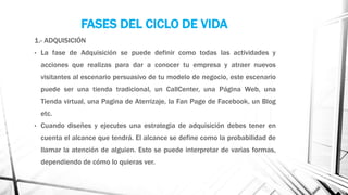 FASES DEL CICLO DE VIDA
1.- ADQUISICIÓN
• La fase de Adquisición se puede definir como todas las actividades y
acciones que realizas para dar a conocer tu empresa y atraer nuevos
visitantes al escenario persuasivo de tu modelo de negocio, este escenario
puede ser una tienda tradicional, un CallCenter, una Página Web, una
Tienda virtual, una Pagina de Aterrizaje, la Fan Page de Facebook, un Blog
etc.
• Cuando diseñes y ejecutes una estrategia de adquisición debes tener en
cuenta el alcance que tendrá. El alcance se define como la probabilidad de
llamar la atención de alguien. Esto se puede interpretar de varias formas,
dependiendo de cómo lo quieras ver.
 