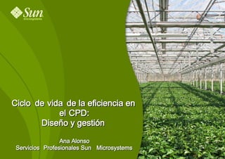 Ciclo de vida de la eficiencia en
            el CPD:
       Diseño y gestión

                 Ana Alonso
 Servicios Profesionales Sun Microsystems
 