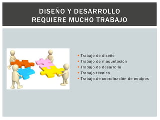  Trabajo de diseño
 Trabajo de maquetación
 Trabajo de desarrollo
 Trabajo técnico
 Trabajo de coordinación de equipos
DISEÑO Y DESARROLLO
REQUIERE MUCHO TRABAJO
 