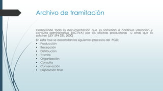 Archivo de tramitación
Comprende toda la documentación que es sometida a continua utilización y
consulta administrativa (ACTIVA) por las oficinas productoras u otras que la
soliciten (LEY 594 DEL 2000)
En esta fase se desarrollan los siguientes procesos del PGD:
 Producción
 Recepción
 Distribución
 Tramite
 Organización
 Consulta
 Conservación
 Disposición final
 