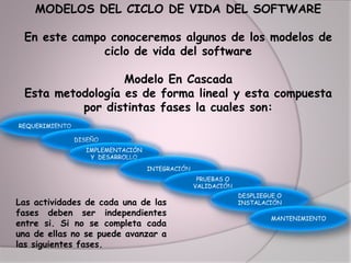 MODELOS DEL CICLO DE VIDA DEL SOFTWARE
En este campo conoceremos algunos de los modelos de
ciclo de vida del software
Modelo En Cascada
Esta metodología es de forma lineal y esta compuesta
por distintas fases la cuales son:
REQUERIMIENTO
DISEÑO
IMPLEMENTACIÓN
Y DESARROLLO
INTEGRACIÓN
PRUEBAS O
VALIDACIÓN
DESPLIEGUE O
INSTALACIÓN
MANTENIMIENTO
Las actividades de cada una de las
fases deben ser independientes
entre si. Si no se completa cada
una de ellas no se puede avanzar a
las siguientes fases.
 