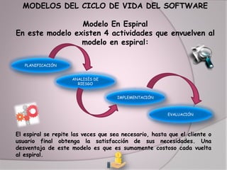 MODELOS DEL CICLO DE VIDA DEL SOFTWARE
Modelo En Espiral
En este modelo existen 4 actividades que envuelven al
modelo en espiral:
PLANIFICACIÓN
ANALISÍS DE
RIESGO
IMPLEMENTACIÓN
EVALUACIÓN
El espiral se repite las veces que sea necesario, hasta que el cliente o
usuario final obtenga la satisfacción de sus necesidades. Una
desventaja de este modelo es que es sumamente costoso cada vuelta
al espiral.
 