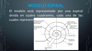 MODELO ESPIRAL
El modelo está representado por una espiral
divida en cuatro cuadrantes, cada una de las
cuales representa una de las actividades.
 