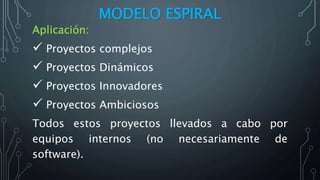MODELO ESPIRAL
Aplicación:
 Proyectos complejos
 Proyectos Dinámicos
 Proyectos Innovadores
 Proyectos Ambiciosos
Todos estos proyectos llevados a cabo por
equipos internos (no necesariamente de
software).
 
