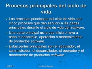 14/09/2011Ing. Raúl Córdova14Procesos principales del ciclo de vidaLos procesos principales del ciclo de vida son cinco procesos que dan servicio a las partes principales durante el ciclo de vida del software.Una parte principal es la que inicia o lleva a cabo el desarrollo, operación o mantenimiento de productos software. Estas partes principales son el adquisidor, el suministrador, el desarrollador, el operador y el mantenedor de productos software. 