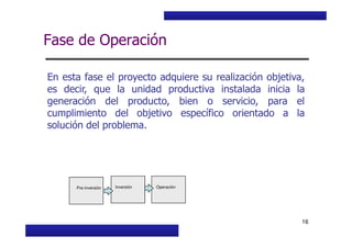 Curso Básico de Preparación y Evaluación Social de Proyectos
Fase de Operación
En esta fase el proyecto adquiere su realización objetiva,
es decir, que la unidad productiva instalada inicia la
generación del producto, bien o servicio, para el
cumplimiento del objetivo específico orientado a la
solución del problema.
MIDEPLAN. División de Planificación, Estudios e Inversión
16
solución del problema.
Inversión OperaciónPre-inversión
 