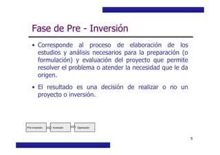 Curso Básico de Preparación y Evaluación Social de Proyectos
Fase de Pre - Inversión
• Corresponde al proceso de elaboración de los
estudios y análisis necesarios para la preparación (o
formulación) y evaluación del proyecto que permite
resolver el problema o atender la necesidad que le da
origen.
MIDEPLAN. División de Planificación, Estudios e Inversión
5
origen.
• El resultado es una decisión de realizar o no un
proyecto o inversión.
Pre-inversión Inversión Operación
 