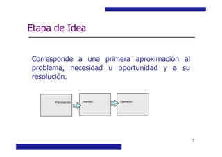 Curso Básico de Preparación y Evaluación Social de Proyectos
Etapa de Idea
Corresponde a una primera aproximación al
problema, necesidad u oportunidad y a su
resolución.
MIDEPLAN. División de Planificación, Estudios e Inversión
7
resolución.
Inversión OperaciónPre-inversión
 